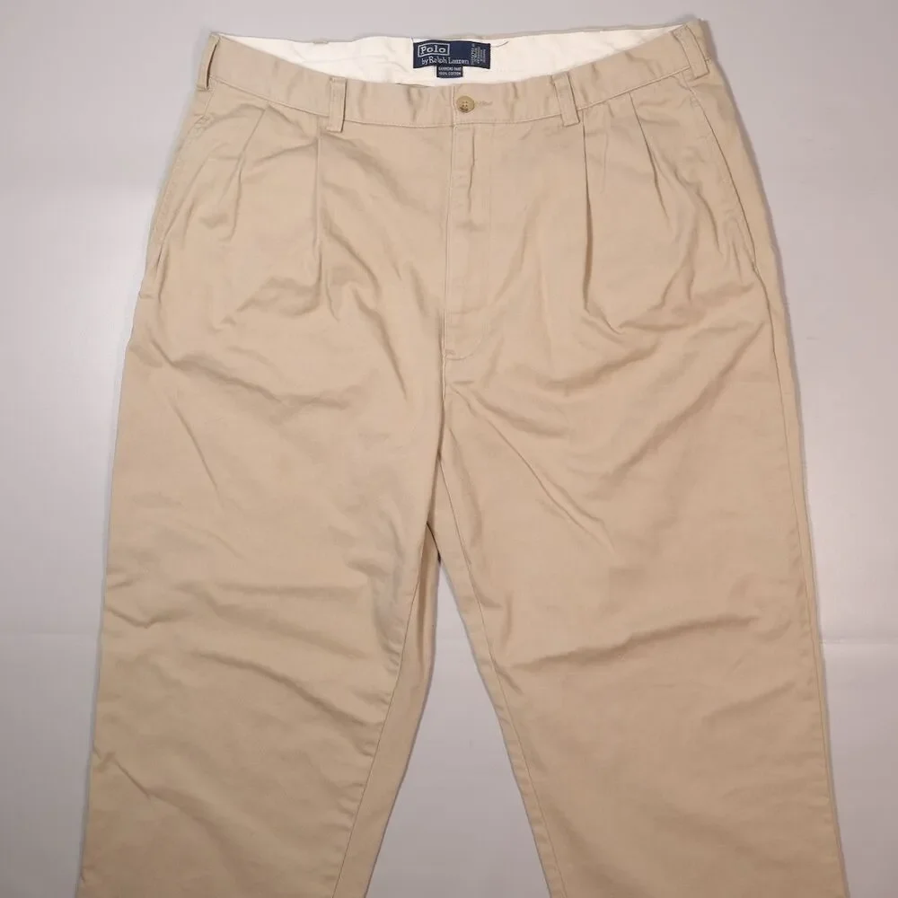 VTG Polo Ralph Lauren Hammond Pants Beige Straight Pleated Trousers Mens 36x30